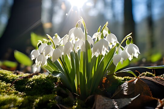 Snowdrop flowers in forest. Beautiful white blooms amidst lush greenery. Serene and enchanting nature scene.