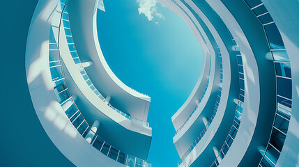 Reworked underside view of curvilinear balconies. Modern architecture seen from low angle. Hi-rise building exterior. Modular architectural structure of multistory house. Round geometric composition