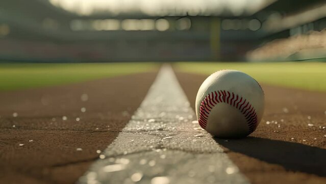 A baseball is sitting on the ground in front of a line. The baseball is white and red