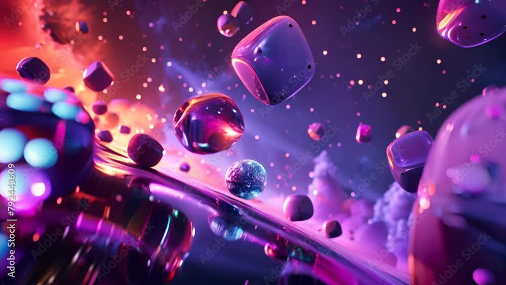 Poster a colorful, abstract space scene with many cubes and a few dice. scene is playful and whimsical, wit
