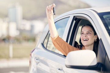 Outdoor, woman and happy in car with keys as customer, driver and satisfied with purchase at dealership. Female person, vehicle and smile for payment, buying and savings for shopping and owner