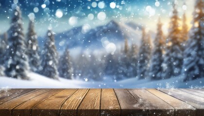 Wooden Table Snow Landscape: Snowy Trees Winter Nature Bokeh Background