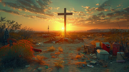 The cross standing tall in a desert landscape during the golden hour, radiating a sense of serenity and divine presence. Religious Background.