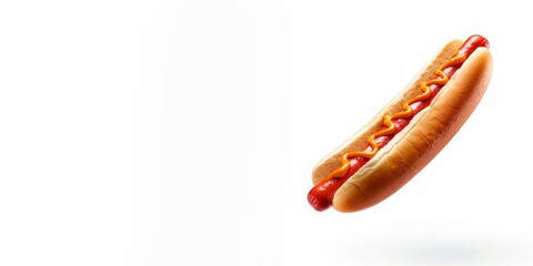 A hot dog  floating in the air on a white background, copy space for text, food concept