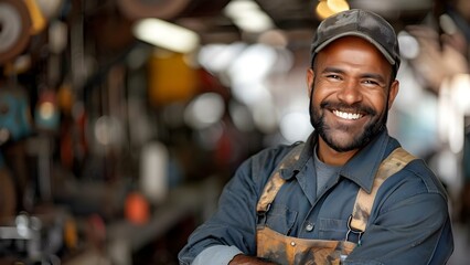 A Smiling Car Mechanic at His Repair Shop. Concept Car Mechanics, Smiling Portraits, Repair Shop Settings - obrazy, fototapety, plakaty