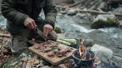 On the ground next to the stream was a 30-year-old man. He was using a short pocket knife to cut meat on a small cutting board. There are a few vegetables and condiments. There was a bonfire on the gr - obrazy, fototapety, plakaty