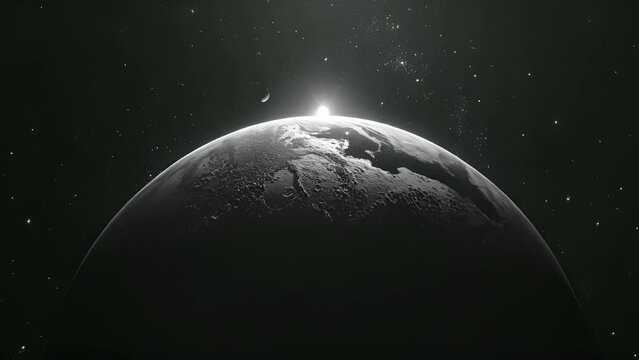 A black and white photo of the Earth with a bright sun in the background