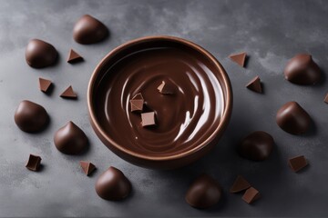 'ceramic bowl chocolate cream melted pieces dark concrete background pudding cocoa dessert sweet widener cooking brown food ingredient smooth swirl treat caloric calorie candy fat liquid pure purity'