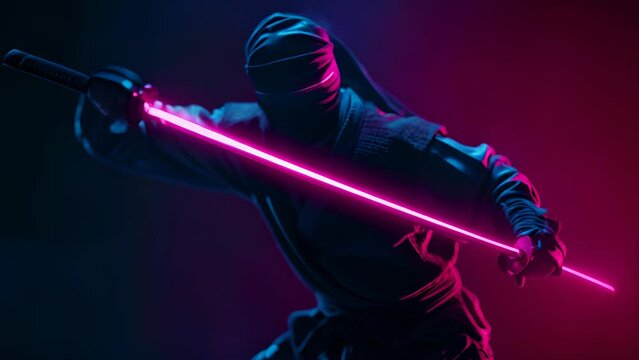 A ninja with a pink sword is standing in front of a purple background. The image has a futuristic and edgy vibe, with the neon colors of the sword and the background creating a sense of excitement