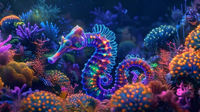 A colorful sea creature with a long tail is swimming in a vibrant coral reef. The colors of the reef are bright and lively, creating a sense of wonder and excitement. The image captures the beauty