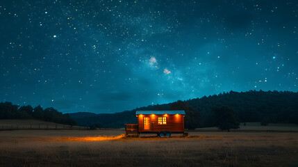 A tiny house, with a starry night sky as the background, during a clear night filled with constellations - obrazy, fototapety, plakaty