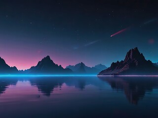 ネオンブルーに輝く湖の水平線と山岳地帯と流れ星