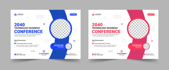 Corporate horizontal business conference flyer template or online webinar and technology conference social media banner layout design