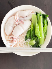 Asian-Style Noodle Soup with Squid and Bok Choy