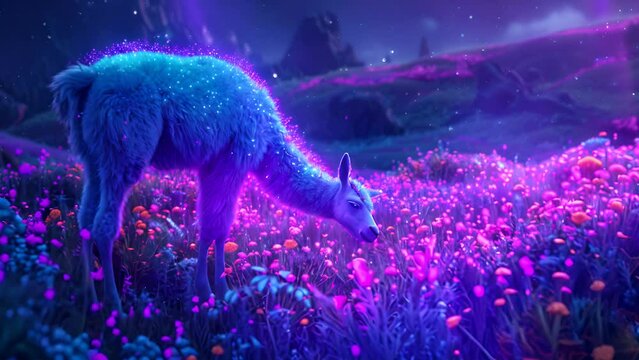 A blue llama is grazing in a field of flowers. The flowers are purple and pink, and the sky is dark