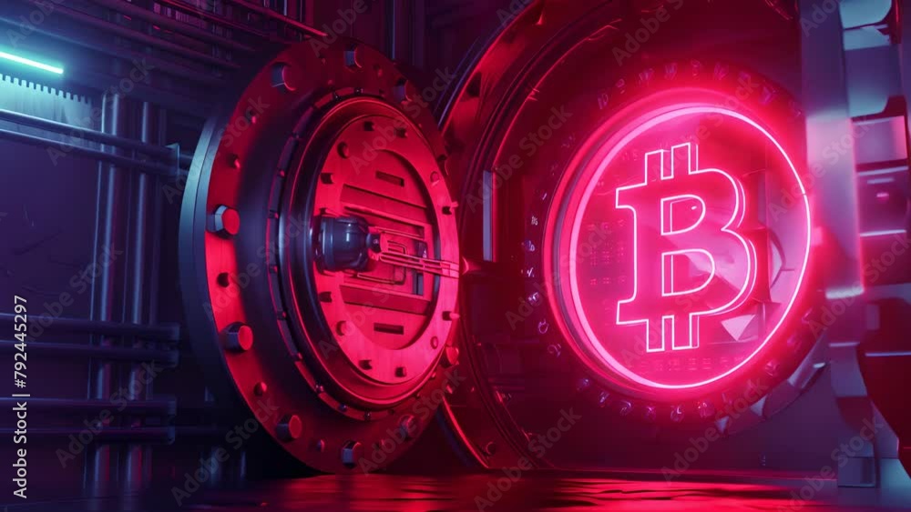 Poster a red and neon lighted image of a vault with a large b on it