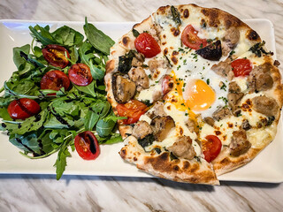 Wood-Fired Pizza with Sunny Side Up Egg and Fresh Salad