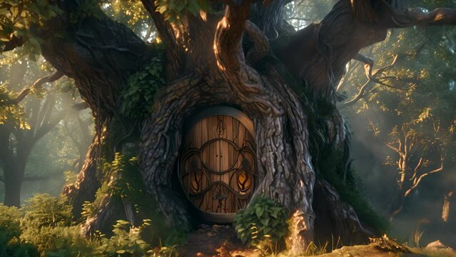 A tree with a door in it. The door is wooden and has a clock on it. The tree is surrounded by green leaves and branches