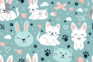 A colorful pattern of cats and rabbits with hearts and bows