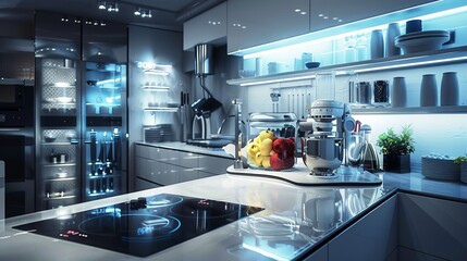 This picture imagines a kitchen. The future represents food technology. --ar 16:9 --style raw Job ID: 05f55414-e3eb-40b0-8a46-b62ca6a79749 - obrazy, fototapety, plakaty