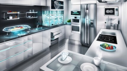This picture imagines a kitchen. The future represents food technology. --ar 16:9 --style raw Job ID: 05f55414-e3eb-40b0-8a46-b62ca6a79749