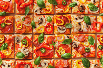 Pizza squares pattern with assorted toppings for food themed design