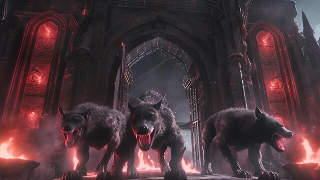 Three black wolves are standing in front of a red archway. The archway is surrounded by fire, giving the scene a dark and ominous mood