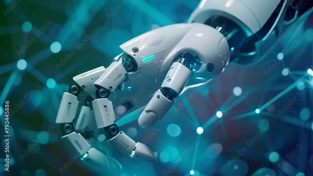 Poster a robot hand is shown in a blue background with a lot of lines. the robot hand is white and has a bl