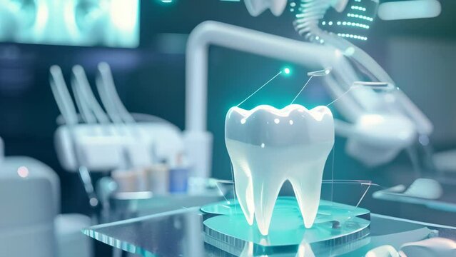 A tooth is displayed on a glass surface with a blue background. The tooth is surrounded by a digital image of a dental office, complete with a dentist's chair and various dental instruments