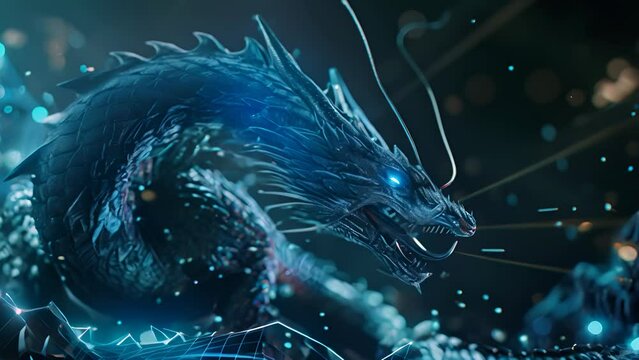 A blue dragon with glowing eyes and a long tail. The dragon is surrounded by a blue and white background