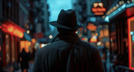 Walking through a bustling city street a figure in a fedora navigates their way through the shadows and neon lights. The glint of a gun tucked into their waistband hints at the dangerous . - obrazy, fototapety, plakaty