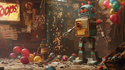 Retro robot intended for a surprise party. stands amidst a pile of fallen balloons and a toppled cake.