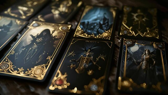 A deck of cards with a variety of characters and symbols. The cards are arranged in a row and appear to be from a fantasy game