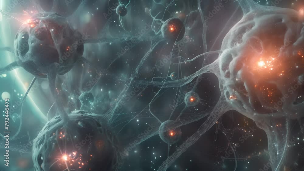 Poster a computer generated image of a brain with many neurons. the image is in shades of blue and green