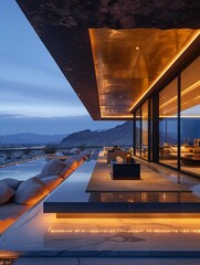 Modern Luxury House with Pool at Twilight in Mountainous Landscape