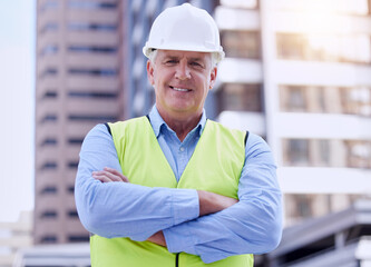 Mature, man and arms crossed with architect in city, portrait with confidence at construction site...