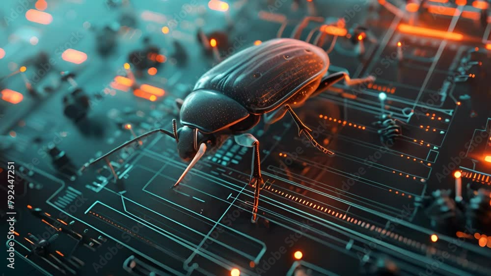 Poster a bug is on a computer chip. the bug is black and has a long antenna