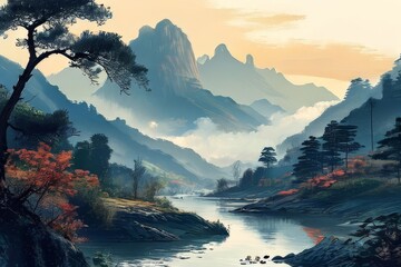 Peaceful landscapes beautiful natural scenery of mountains and rivers