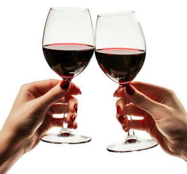 hands holding red wine glasses toast isolated on transparent background
