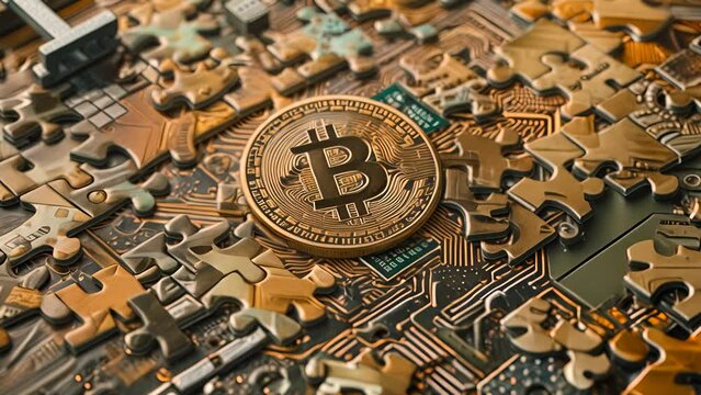 A puzzle with a gold bitcoin. The puzzle is made of metal and has a lot of pieces