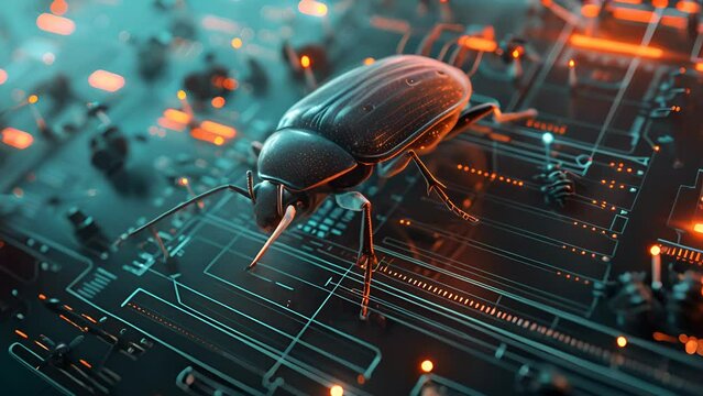 A bug is on a computer chip. The bug is black and has a long antenna