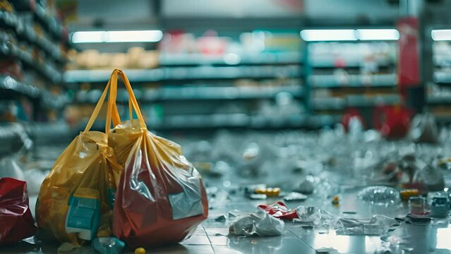 A shopping cart full of trash is in a store. The bags are yellow and red