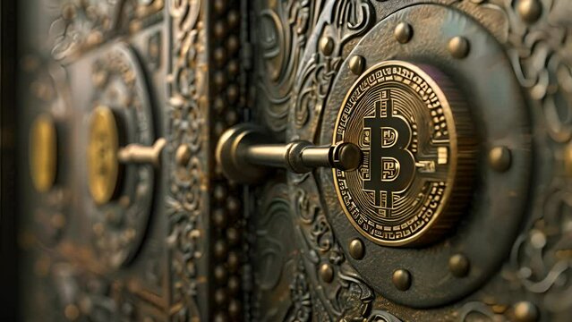 A gold bitcoin on it is sitting on a keyhole. The coin is surrounded by a metal frame, giving it a sense of importance and security. The image conveys a feeling of wealth and power