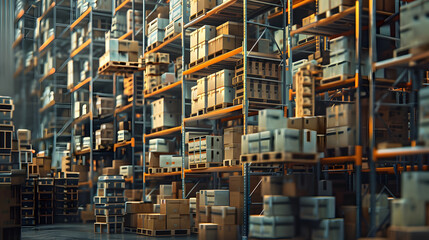 Naklejka premium Wooden pallets serve as platforms for the meticulously arranged boxes, ready to be transported.Wooden pallets provide a sturdy foundation for the robot arm to stack packages, ready for shipment. 