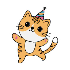 Cartoon cat wearing a party hat, hand-drawn