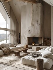 Modern Rustic Living Room with Fireplace and Mountain View