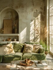 Cozy Living Room Interior with Green Sofa and Sunlight Shadows