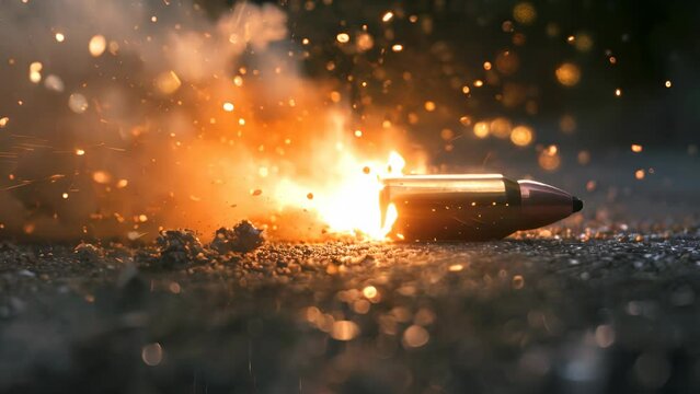 A bullet is on the ground with a lot of smoke and fire. The scene is intense and dramatic