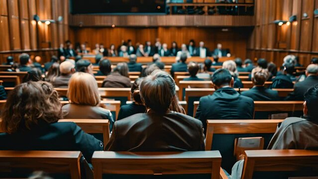 A large crowd of people are sitting in a room, some of them wearing suits. The room is filled with wooden chairs and a few people are holding handbags. The atmosphere seems to be formal