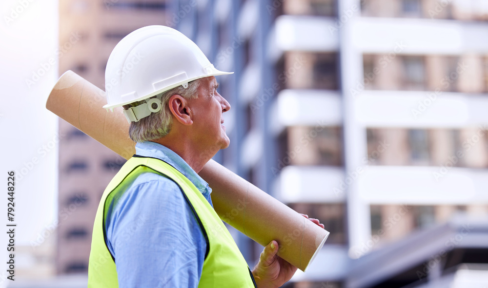 Poster Mature, man and architect thinking with blueprint in city, ideas or inspiration at construction site for engineering. Renovation decision, property development and vision for urban infrastructure